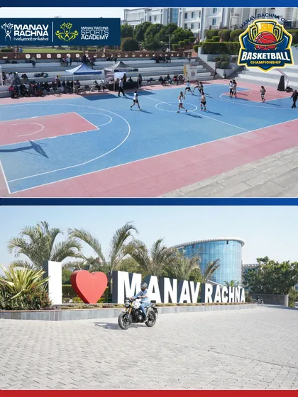 Our campus provides a stunning backdrop for our sporting events. The 'I Love Manav Rachna' sign is a favorite spot for visiting teams and sponsors like Triumph Bikes.