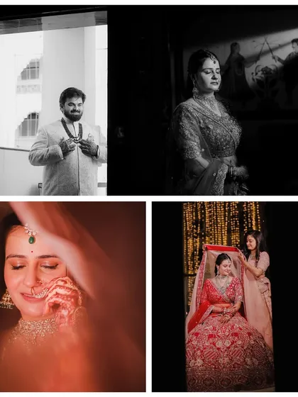 A mix of color and black and white shots capturing both the bride and groom getting ready. This collage tells the story of their parallel preparations before they finally meet at the altar.