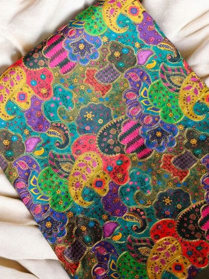 This version of the printed silk features rich jewel tones, perfect for an evening outfit.