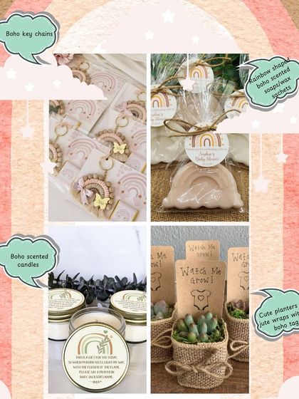 Boho-themed favor ideas, including rainbow-shaped soaps, scented candles, and "Watch Me Grow" succulent planters.