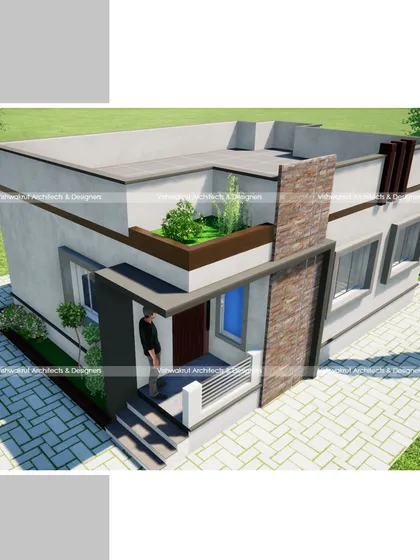 An aerial view of the single-story house in Chile, Roha. This perspective shows the roof layout and the small terrace garden, a feature that adds value and green space.