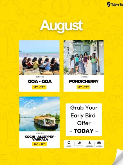 August is for adventure! This graphic details my females-only trips to Goa, Pondicherry, and the stunning Kochi-Alleppey-Varkala route. It's time to book your escape.