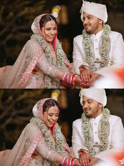 A collage capturing the smiles and laughter of the couple during their wedding ceremony.