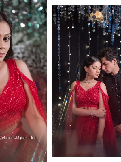 Another view of this timeless and effortless look. The soft makeup allows her natural beauty and the stunning red outfit to be the focus.
