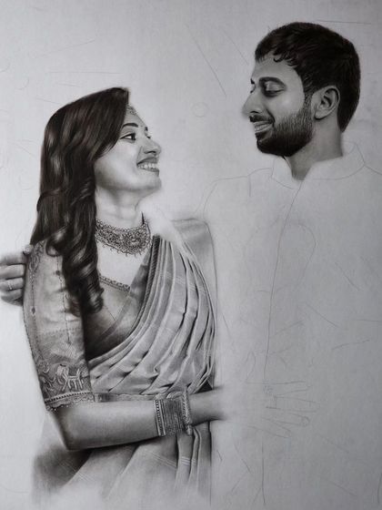 A work-in-progress shot of a couple portrait, with the bride's face and saree fully rendered.