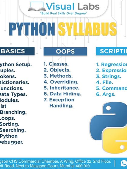 A detailed look at our Python syllabus. We cover the three core areas you need: Basics, Object Oriented Programming (OOPs), and Scripting. This structured approach ensures you learn everything required for professional development.
