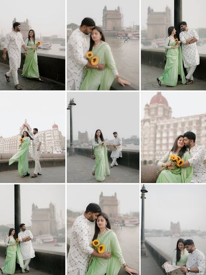 A grid collage that tells the story of a day shooting around the Gateway of India, capturing many different moods and poses.