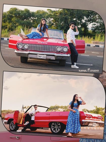 More creative poses with the vintage convertible, showcasing the couple's fun-loving personalities against the scenic Goan landscape.