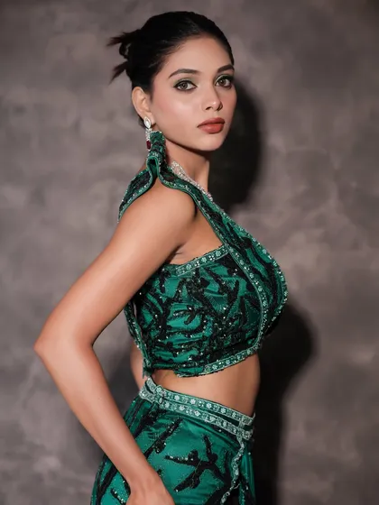 A side view showing the structure of the outfit and the clean lines of the makeup.