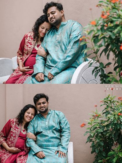 A collage of a couple relaxing on a bench. Dressed in traditional wear, these photos capture both a smiling portrait and a quiet, restful moment.