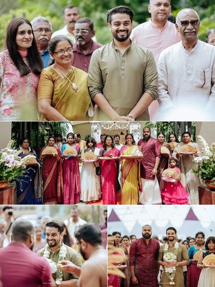 A collage showing the groom, Vinay, with his family and friends during the wedding ceremony. I make sure to capture the important people who share in the couple's joy.