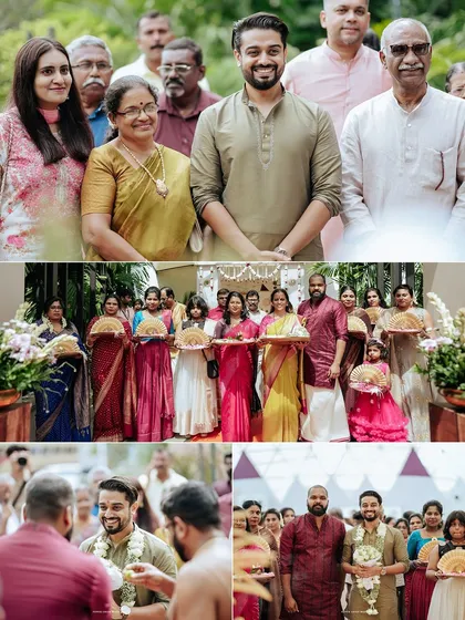 A collage of family and guests at the wedding, capturing the community and support surrounding the couple.