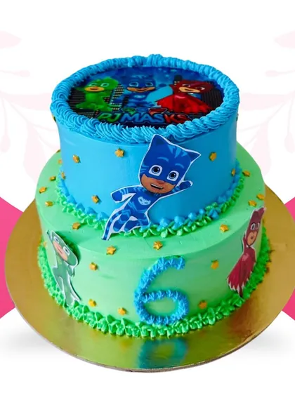 Here is a popular choice for kids' birthdays, a two-tier PJ Masks cake. This 3-pound butterscotch cake features edible images of the characters and is decorated with bright, fun colors to match the theme of your party.
