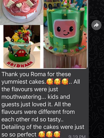 "Thank you Roma for these yummiest cakes... All the flavours were just mouthwatering." So happy this client loved both the car-themed and Cocomelon cakes.