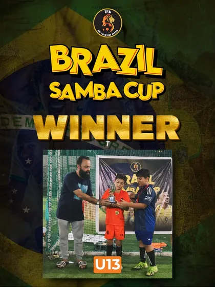 The U13 winners of the Brazil Samba Cup 2024 receiving their trophy. A great day of competitive football.