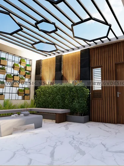 A 3D render of a contemporary rooftop garden that blends nature with modern architecture. The design includes a stylish metal pergola with hexagonal cutouts, a vertical garden wall for a touch of green, and a comfortable seating area, perfect for creating a serene urban oasis.