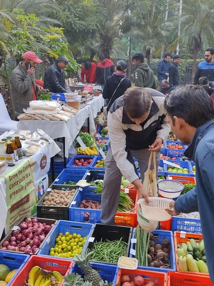 A wide view of a busy stall with customers browsing through crates of vegetables.