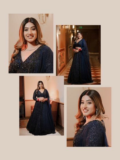 A collage of the bride, Jasmine, looking glamorous for her reception. The portraits showcase her sparkling navy blue gown and beautiful hair and makeup.