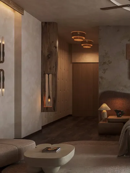This bedroom is a rustic retreat wrapped in quietude. We used a deep rust undertone, raw wood elements, and soft, tonal wall paneling to create an earthy, elemental sanctuary designed to slow the senses and promote calm.