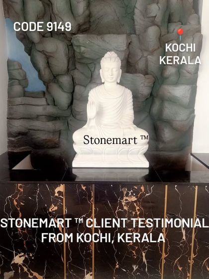 This client testimonial from Kochi, Kerala, shows our 3-foot marble Buddha statue placed against a dramatic rock-textured wall. It creates a stunning focal point in their home.