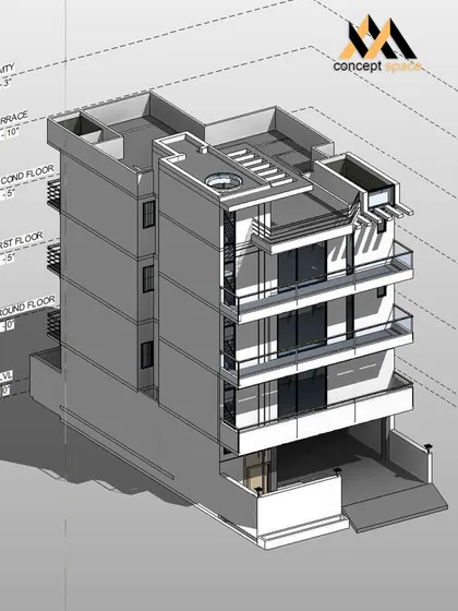 An isometric 3D model from our design phase. This technical drawing allows us to plan every floor, from the ground level to the terrace, ensuring all structural and spatial elements work together seamlessly.