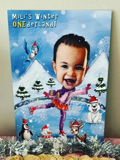 Make your parties unforgettable with custom art. This welcome board caricature was designed for a baby's first birthday, creating a magical 'Winter ONEderland' theme.