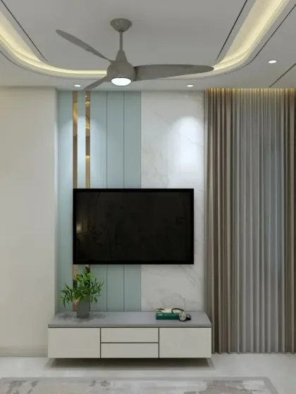 This bedroom uses a soft color palette of mint green and white, with a marble-patterned TV wall. The design is clean, modern, and creates a very calming and restful environment.