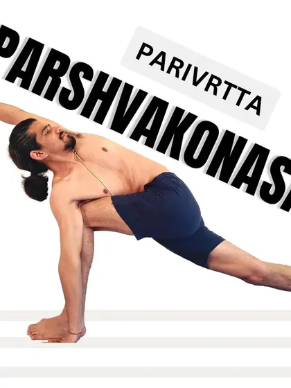 Parivrtta Parshvakonasana (Revolved Side Angle Pose) is an intense twist that challenges your strength, balance, and flexibility. It improves digestion and can help ease low backache.
