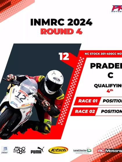 The official results card for our coach Pradeep Reddy, celebrating his double podium win in the Stock 301-400 category at INMRC Round 4.