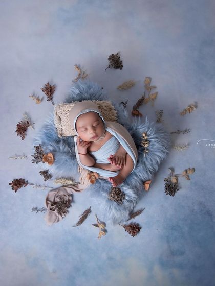 A dreamy, minimalist portrait. The baby is wrapped in soft blue and surrounded by a background of clouds and scattered leaves, creating a serene and ethereal mood.