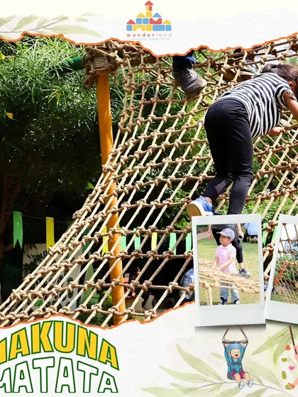 Climbing the cargo net is a test of determination and skill at our adventure camp. We love watching the children challenge themselves and celebrate their own strength.