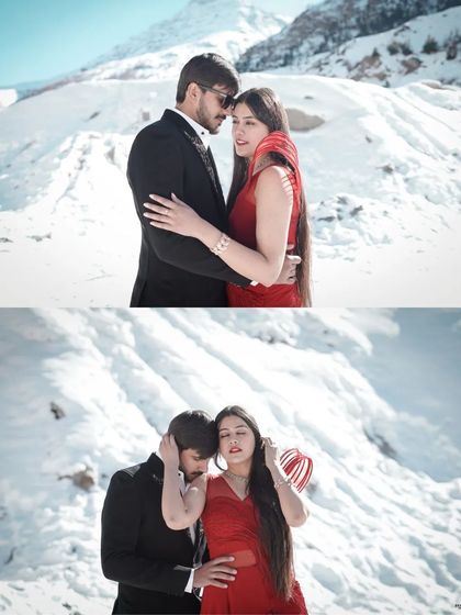 A diptych showing the couple in a loving embrace against the bright white snow, highlighting the romance of a mountain pre-wedding shoot.