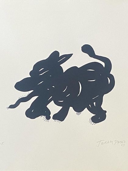 A limited edition lino print on paper by Jeram Patel, created in 2003. Known for his work with wood and blowtorch, Patel's prints showcase his mastery of form and line, as seen in this abstract animal figure.