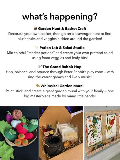 Stay updated with our upcoming events. These posters give you a peek into the exciting, themed playdates we have planned, from Peter Rabbit's Garden Party to a Brik Oven Pizza Making day.