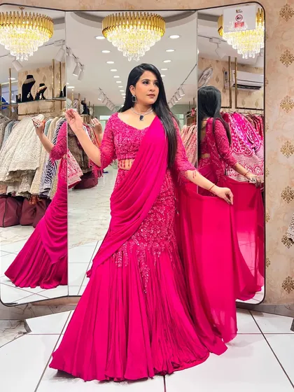 Another angle of the vibrant magenta indo-western outfit, perfect for a guest who wants to make a stylish statement.