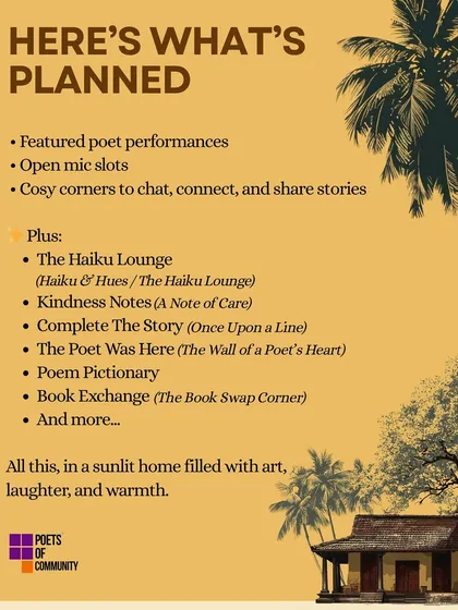 Here's what we planned for the festival. The day was packed with activities including featured poet performances, open mic slots, a Haiku Lounge, kindness notes, a book exchange, and more.