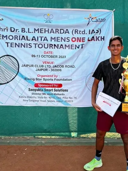 NTC player Yashvardhan with his partner after winning the 1 Lac AITA Men's Doubles title in Jaipur.