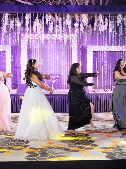 The bridesmaids' coordinated dance performance is always a highlight of the Sangeet night.