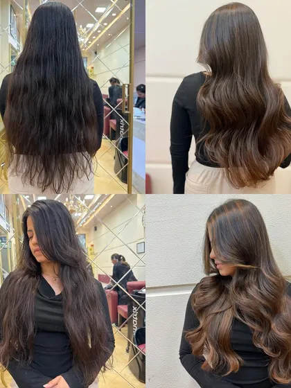 The magic is in the transformation. This bride-to-be wanted a subtle but noticeable change for her wedding. We created this warm caramel brown look that completely revitalized her hair, giving it dimension and a healthy shine.