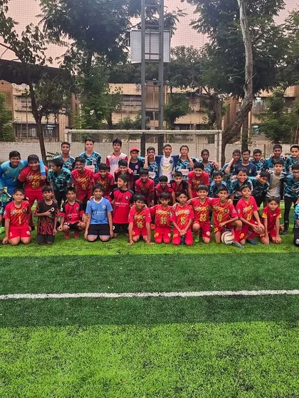 Our U13 and U15 teams with Dribblers Football Club after a day of friendly matches.