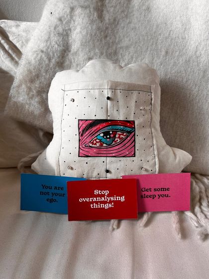 The three reassurance cards displayed: "You are not your ego," "Stop overanalyzing things!," and "Get some sleep you."