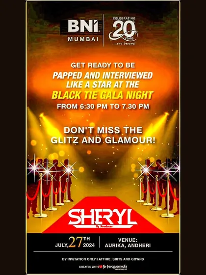 The official poster for my performance at the BNI Mumbai Black Tie Gala Night. I am experienced in providing entertainment for high-profile corporate and networking events.