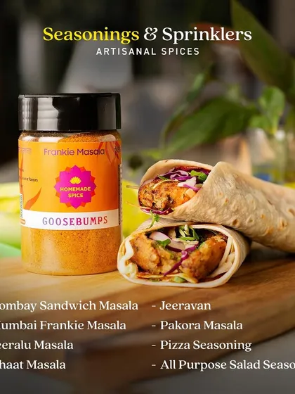 This image displays my versatile range of Seasonings & Sprinklers. From Mumbai Frankie Masala to Pizza Seasoning and Jeeravan, these blends are designed to add a burst of flavour to all your favourite snacks.