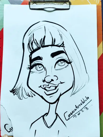 A simple and easy caricature drawing of a girl with a bob haircut.
