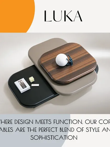 The 'Luka' coffee table is a low-profile, multi-layered piece that combines different finishes and shapes. It's a functional and artistic addition to a modern living room.