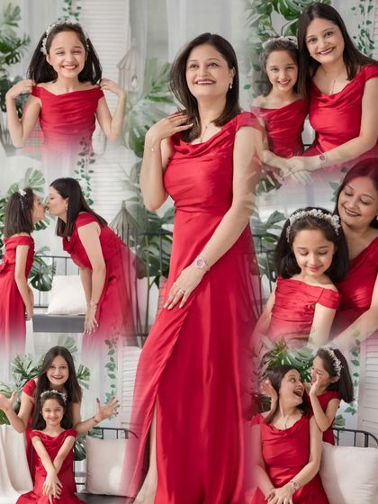 A mother and daughter duo shining in vibrant red dresses. This collage is a celebration of their bond, filled with kisses, hugs, and shared laughter against a backdrop of lush greenery.