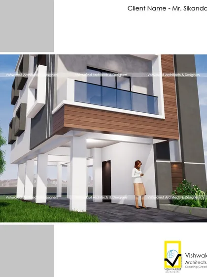 A ground-level view of the 'Eifel Tower Second' house in Roha. This render shows how the stilt parking is integrated and how the building meets the ground.