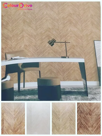 You can achieve the sophisticated look of natural wood with high-quality textured wallpaper. This herringbone wood pattern adds warmth and a professional feel to a home office, without the cost and maintenance of real wood paneling.