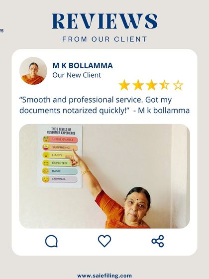 "Smooth and professional service. Got my documents notarized quickly!" We thank M K Bollamma for her kind words. Our team ensures that all notary and legal documentation services are handled with speed and professionalism.