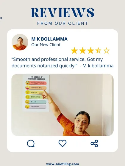 "Smooth and professional service. Got my documents notarized quickly!" We thank M K Bollamma for her kind words. Our team ensures that all notary and legal documentation services are handled with speed and professionalism.